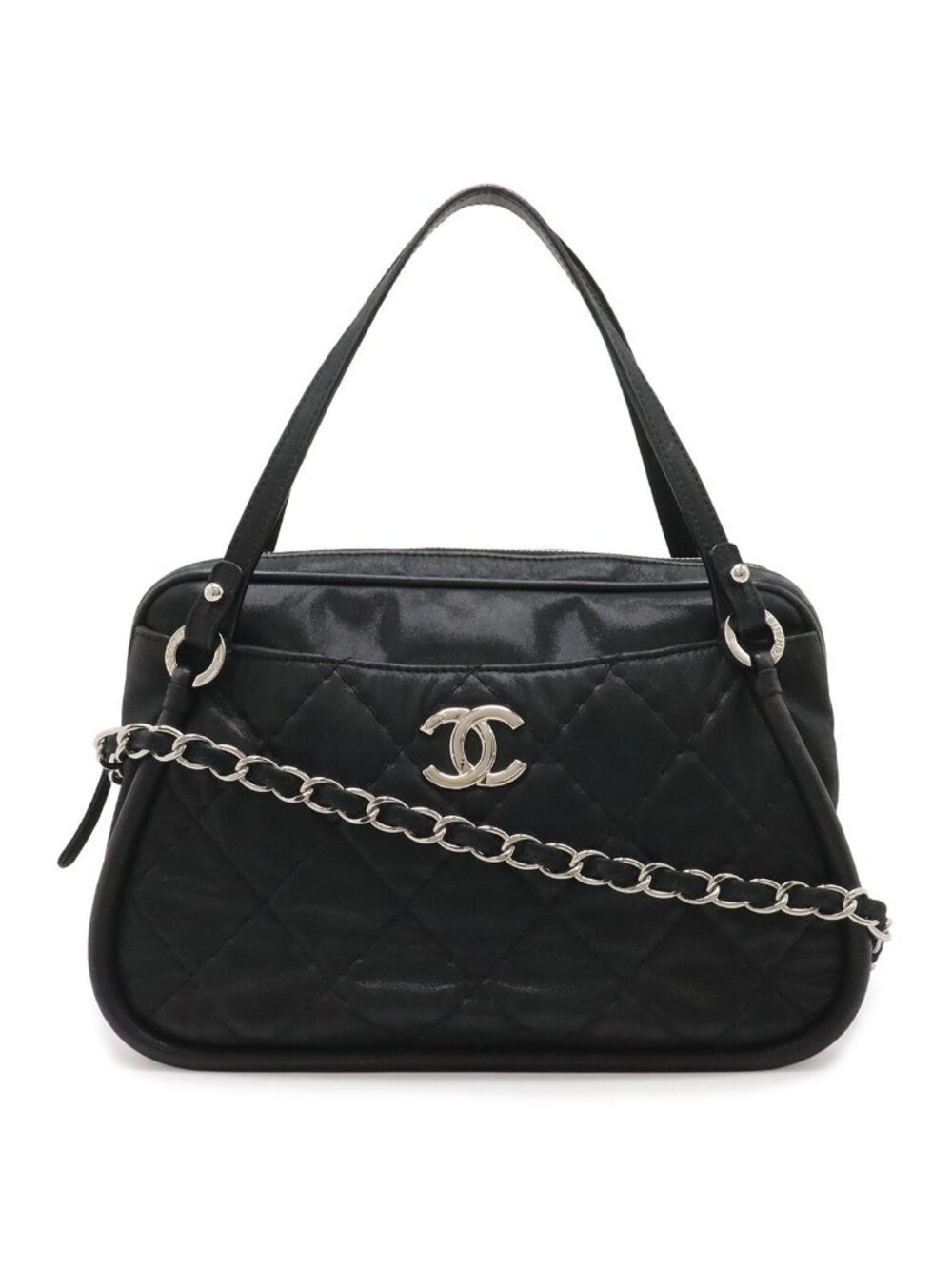 Chanel Wild Stitch 2-Way Chain Shoulder Bag Sparkle Leather Lame Black Silver